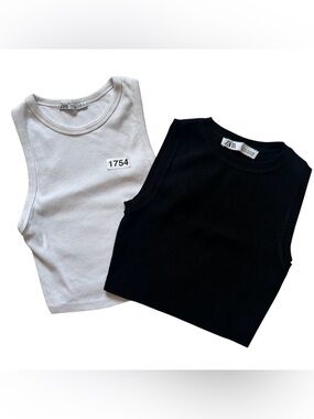 Zara Black & White Bundle of 2 Ribbed and knit Crop Tank Tops Junior Small